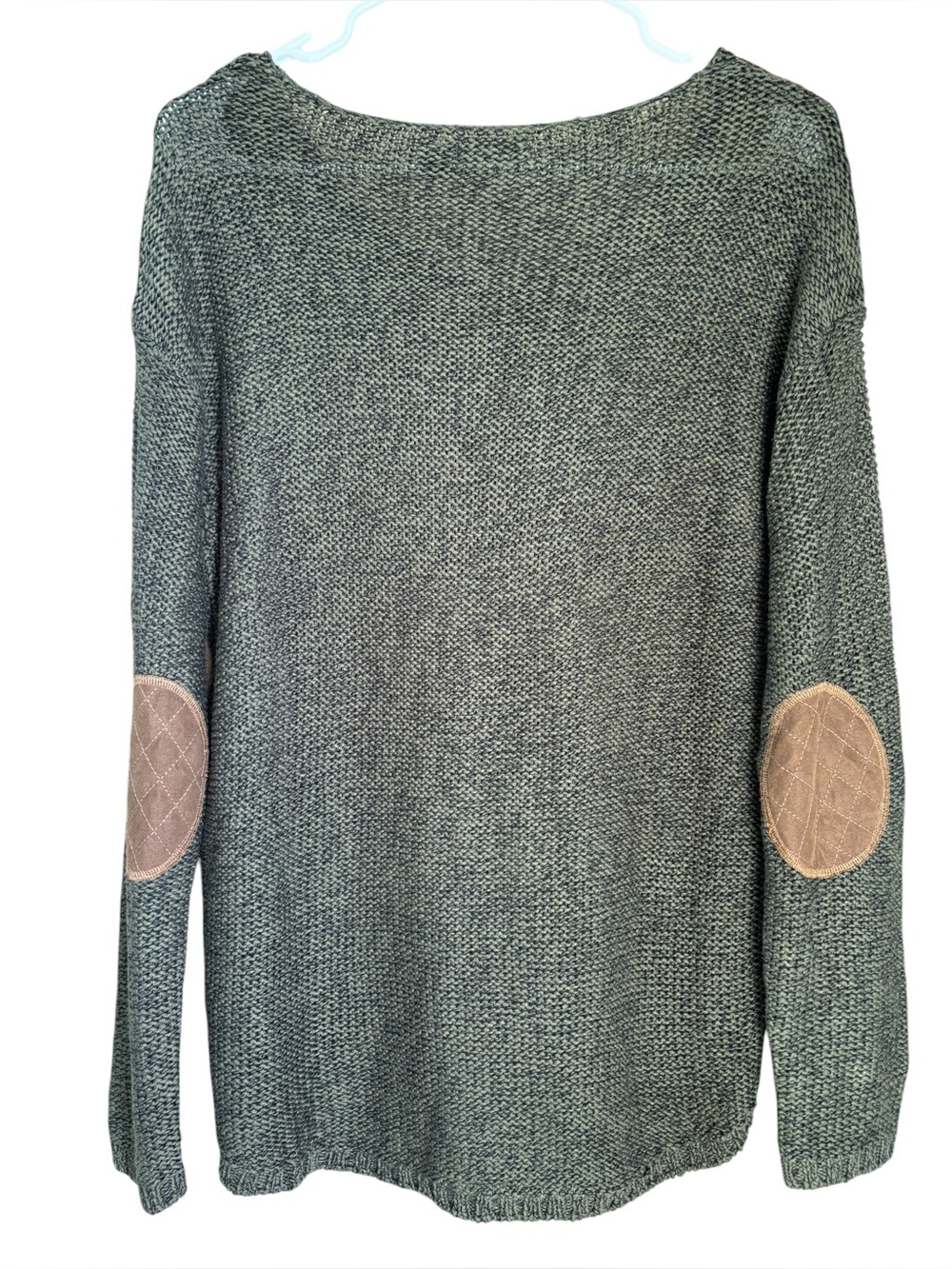 RDI Olive Green Knit V-Neck Sweater Brown Elbow Patches Size Medium - Picture 4 of 6